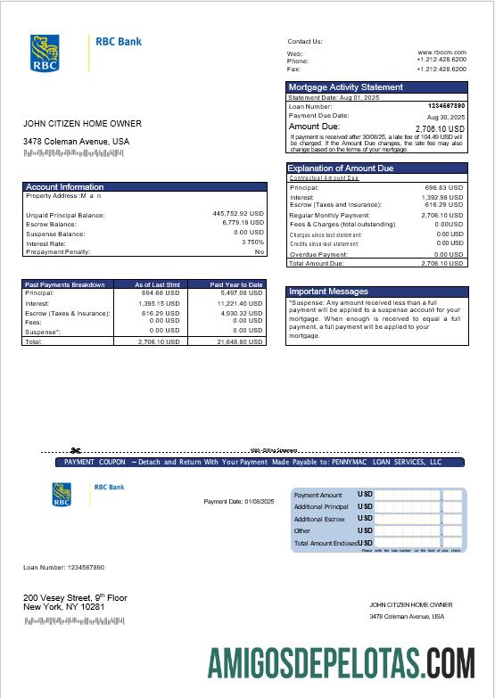 Extrato de hipoteca do banco RBC dos EUA em formatos Word e PDF exemplo